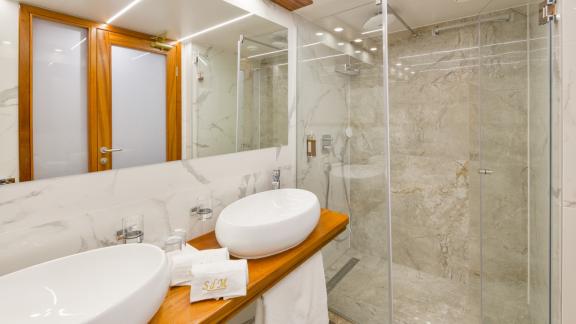 The bathroom has a ground-level shower, a large mirror and two designer washbasins.